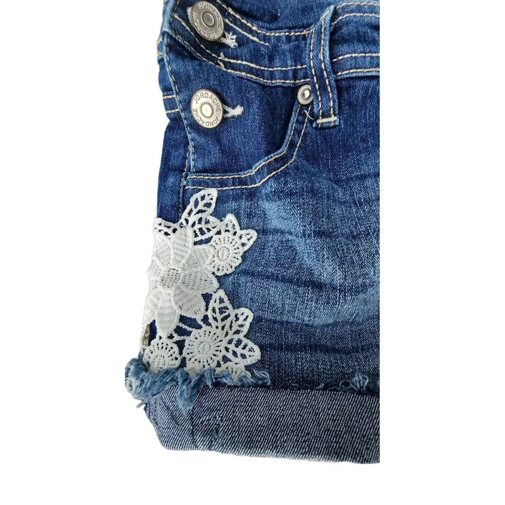 Jordache Flower‎ Lace Overalls Denim Short Blue Girls Size L 10-12